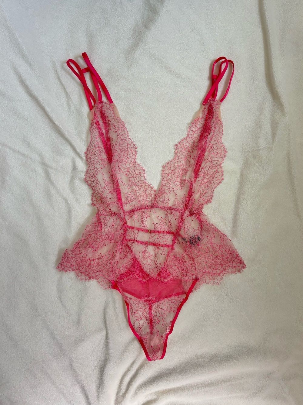 Victoria’s Secret Sheer Hot Pink Lace V-Neck Teddy